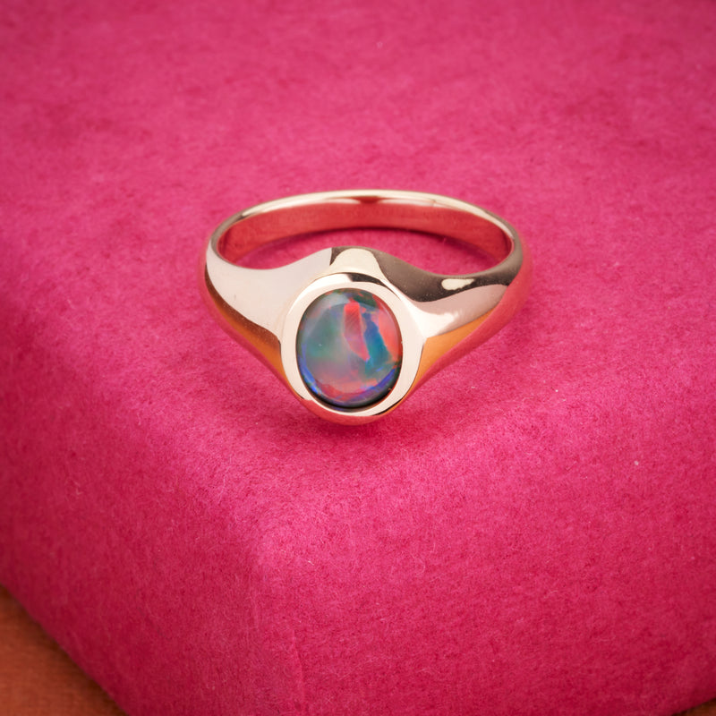 Leo: Australian Lightning Ridge Semi-Black Opal Signet Ring