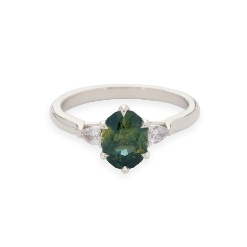 Isela Three-Stone: Green Sapphire & Diamond Ring